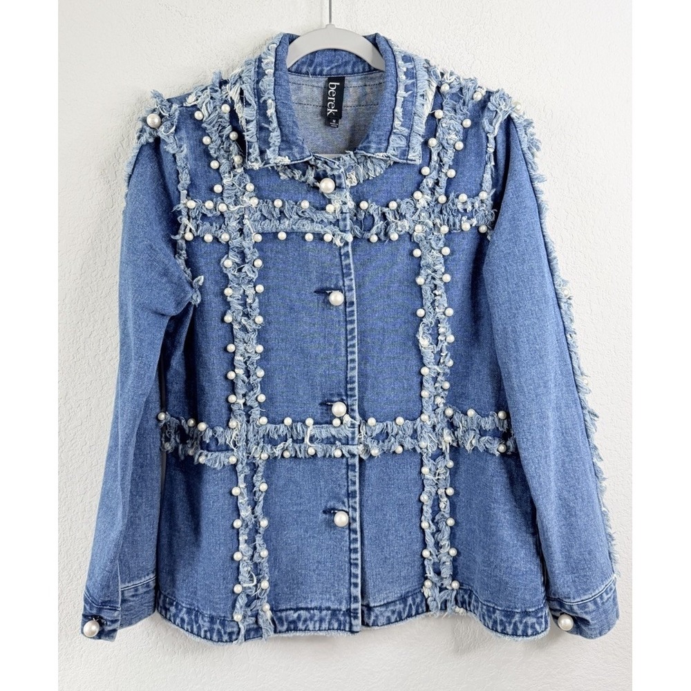 Berek Pearl Embellished Distressed Denim Jacket Women's M Boho Avant Garde Artsy